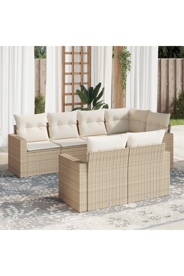 7 Piece Garden Sofa Set with Cushions Beige Poly Rattan
