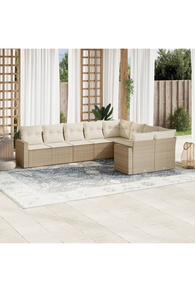 9 Piece Garden Sofa Set with Cushions Beige Poly Rattan
