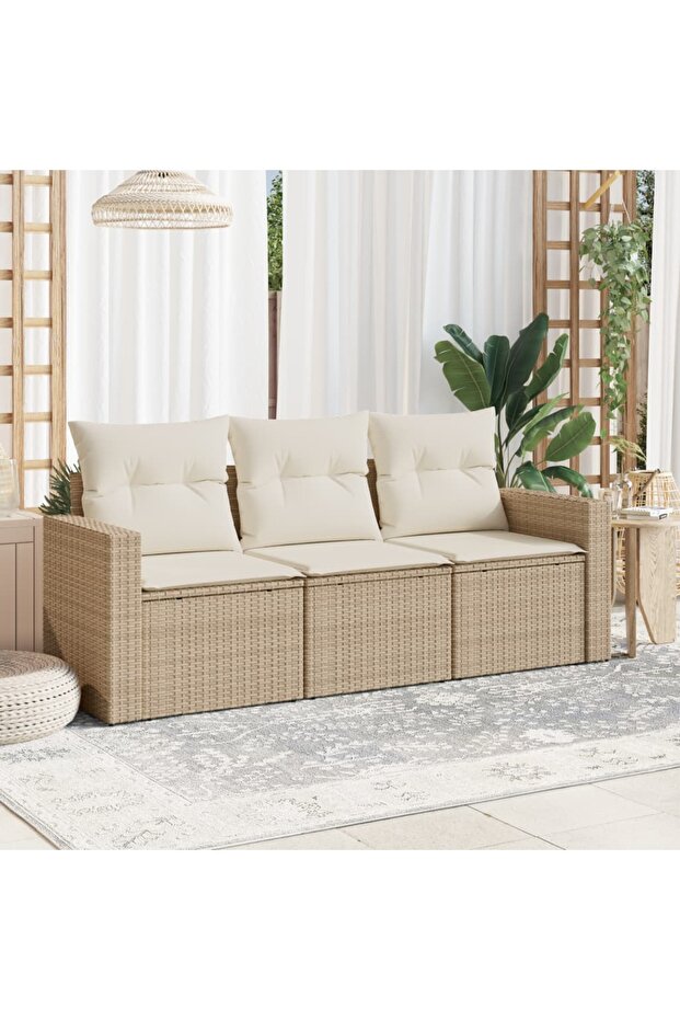3 Piece Garden Sofa Set with Cushions Beige Poly Rattan