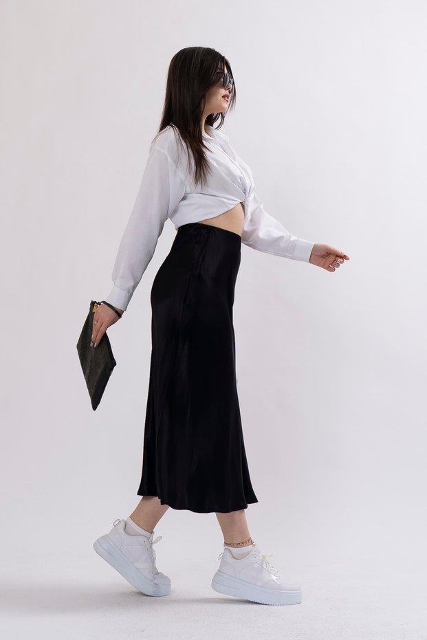 Women's Summer Black Satin Fabric Patterned Skirt with Elastic Waist 6679