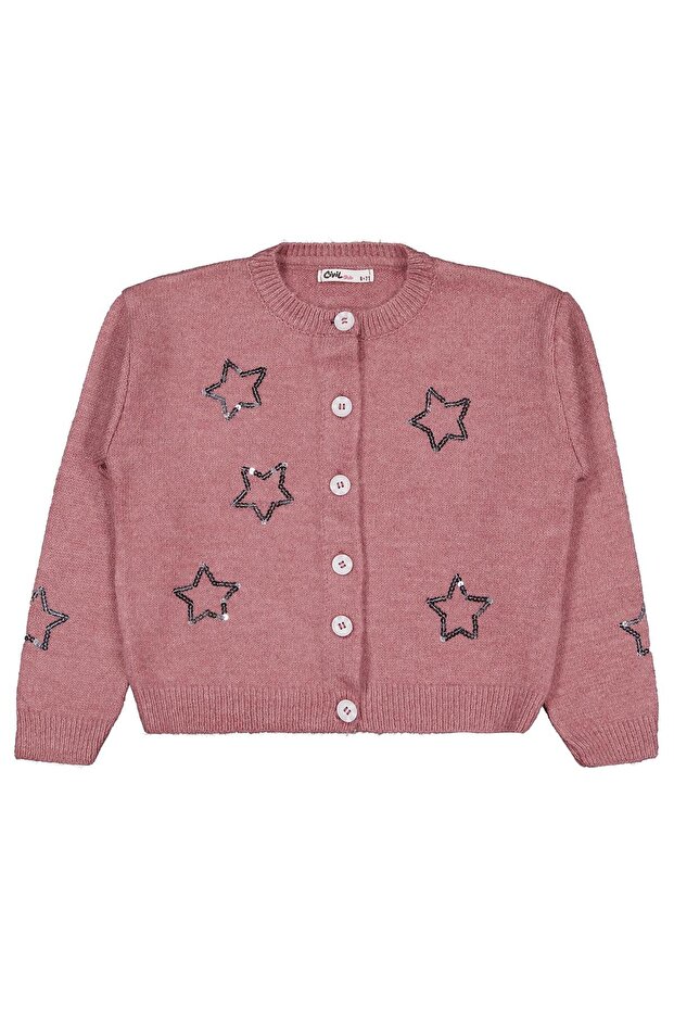 Civil Girl's Sequined Star Embroidered Cardigan | Long Sleeve Knitwear | School Nursery and Daily Use - Pink