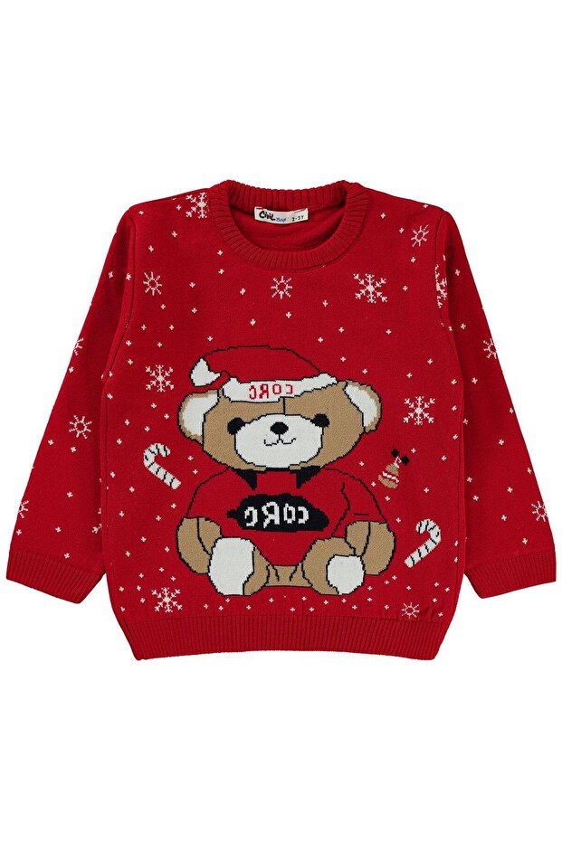 Bear Patterned Sweater with Hat for 2-5 Years Old - Red
