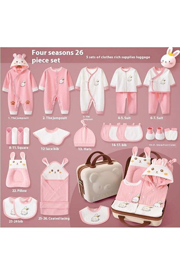 Newborn Baby Gift Set 26-Piece with Suitcase Bag – Soft Cotton Clothing Set with Hooded Blanket, B