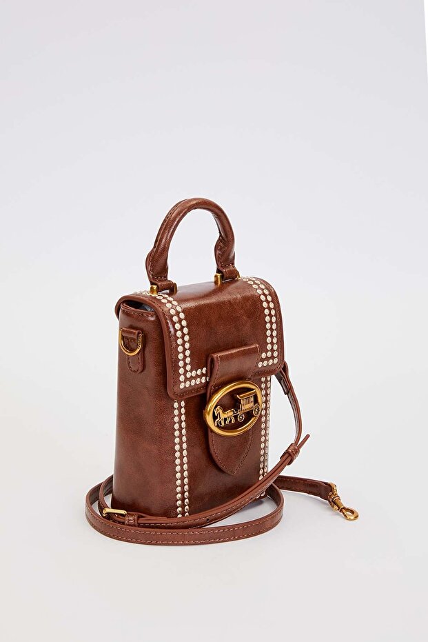 Coffee Rectangular Shaped Stitched Handbag - 2