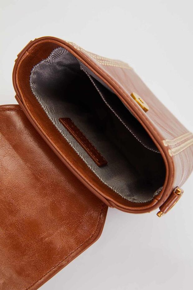 Tan Rectangular Stitched Handbag - 3