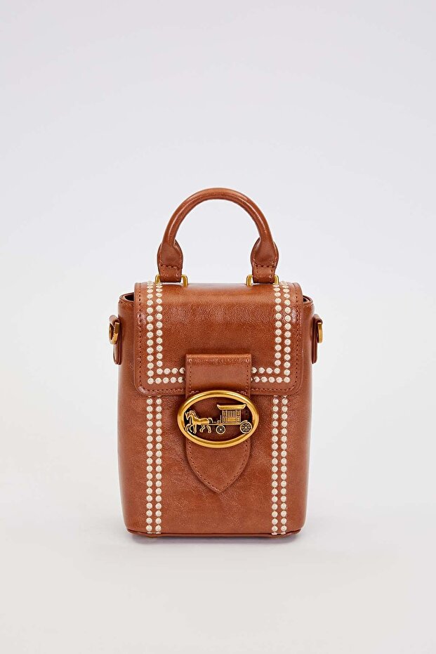 Tan Rectangular Stitched Handbag - 1