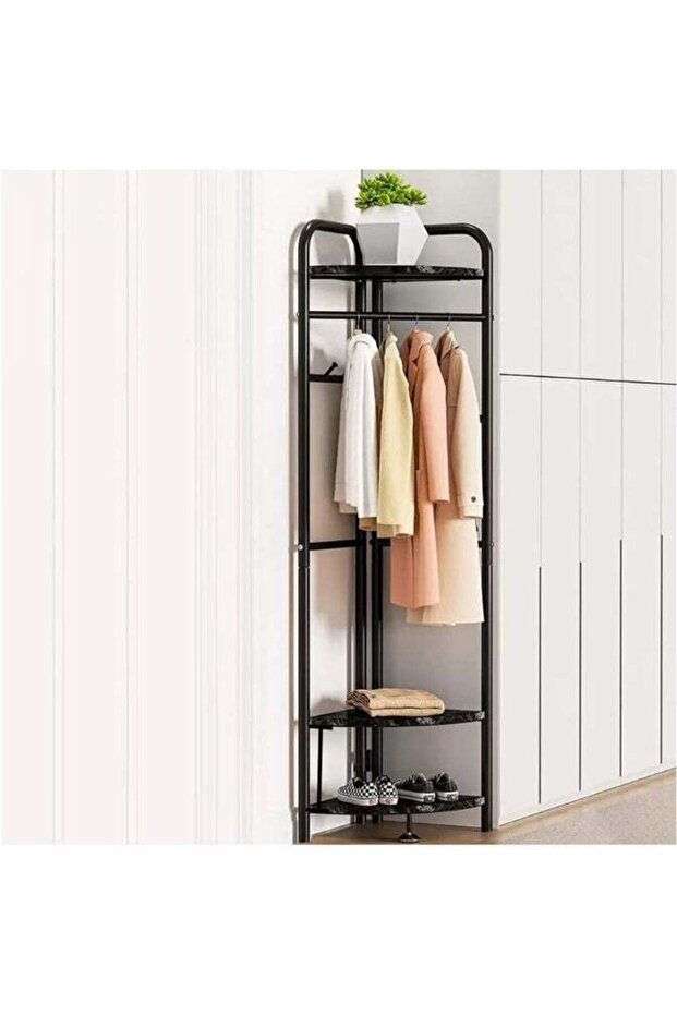 Elegant Black Corner Garment Rack – Compact Wardrobe Storage Solution with Hanging Space, Folded S