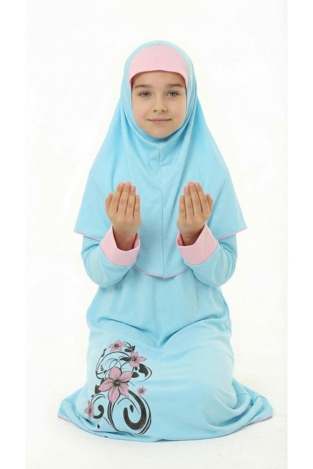 Girls' Prayer Dress Floral Patterned Hijab Prayer Dress