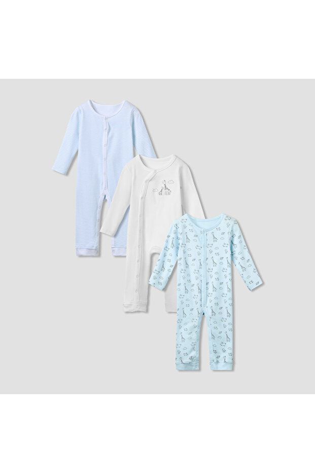 Assorted Sleepsuit with Long Sleeves and Button Closure - Set of 3