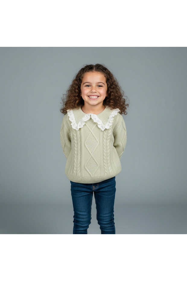 Cable Knit Textured Sweater with Scalloped Trim Collar and Long Sleeves