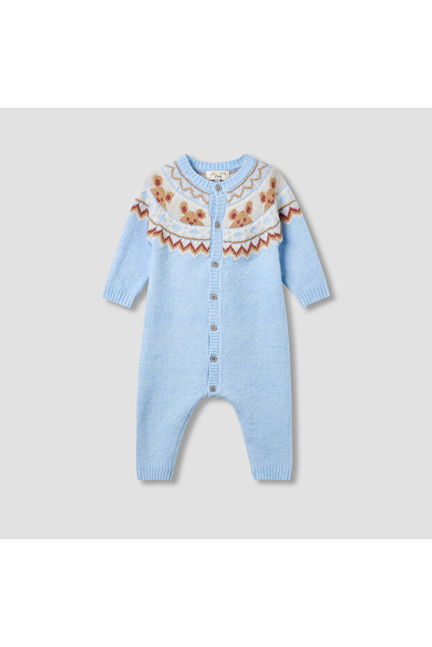 Round Neck Romper with Button Closure - Polyester Blend - Long Sleeves