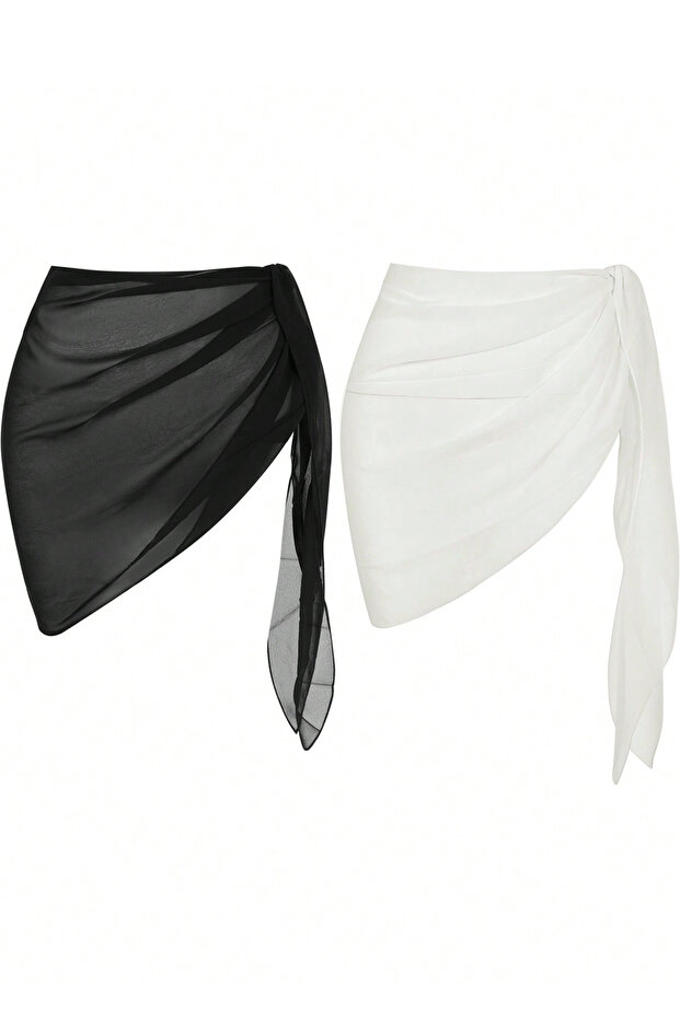 Women's Black and White Transparent Waist Tie Pareo 2-Piece