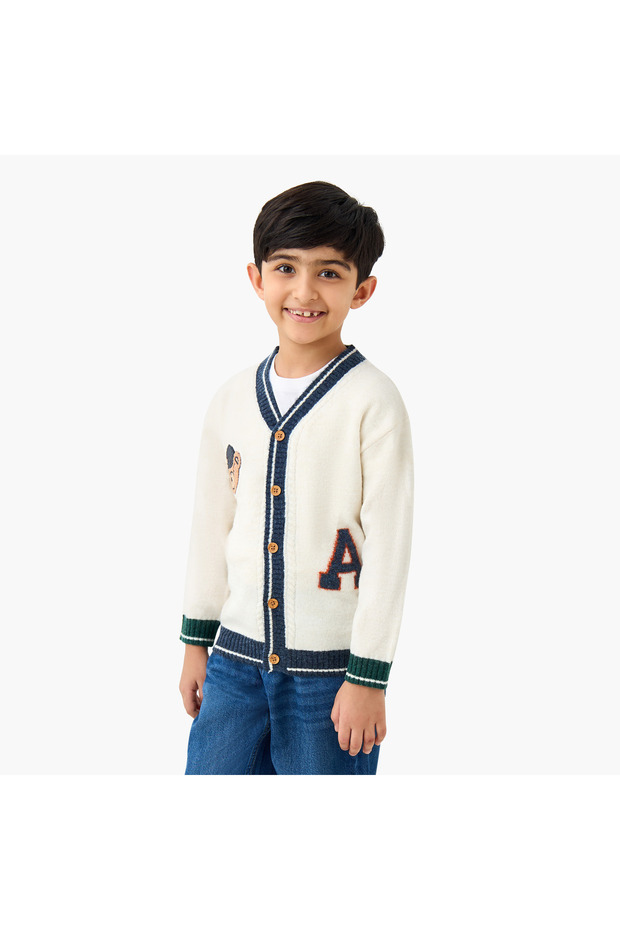 Boys V-neck Cardigan with Teddy Applique - Long Sleeves