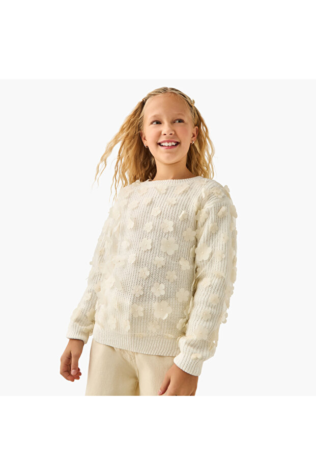Floral Applique Ribbed Sweater with Long Sleeves