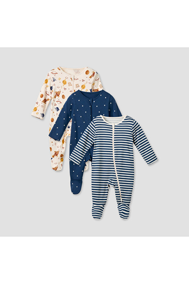 Printed Sleepsuit with Long Sleeves and Zip Closure - Set of 3