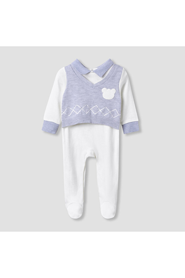 Collared Sleepsuit with Bear Applique - Cotton - Long Sleeves