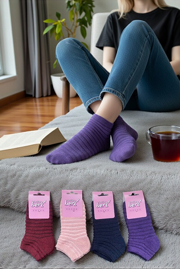 4 Pairs of Women's Reverse Towel Booties Socks – Colorful and Soft