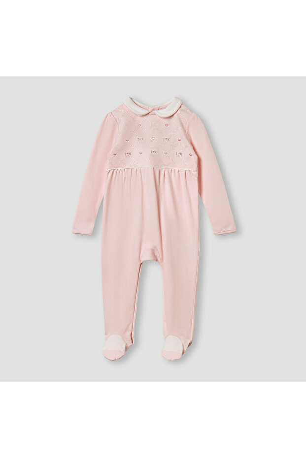 Embroidered Peter Pan Collar Sleepsuit with Long Sleeves