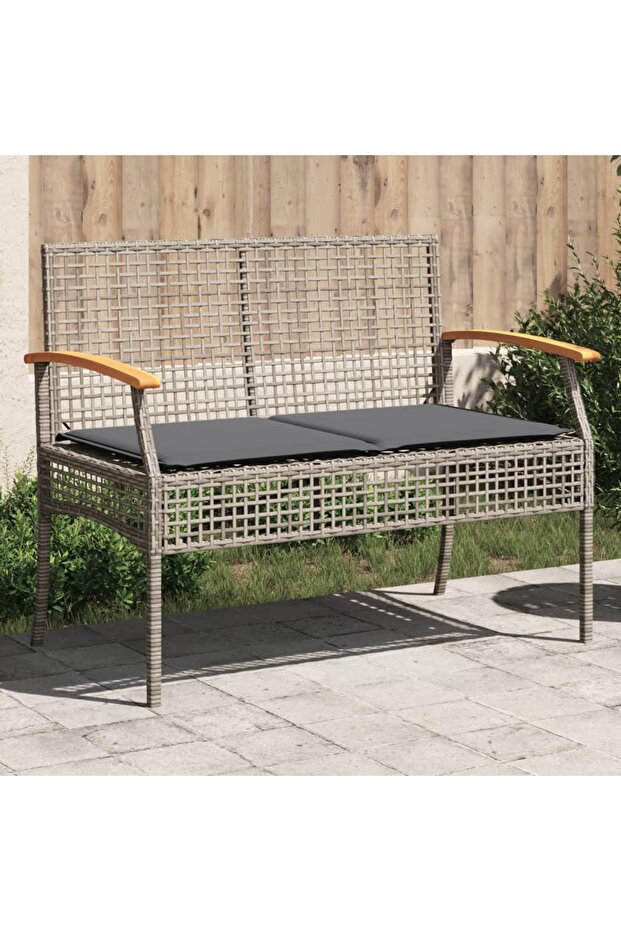 Garden Bench with Cushion Grey Poly Rattan Acacia Wood