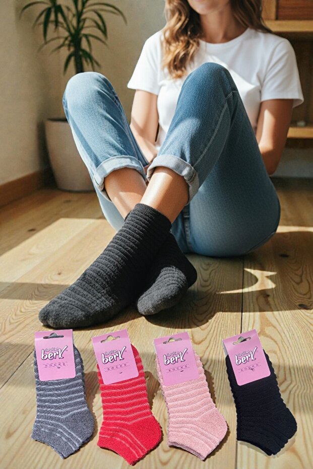 4 Pairs of Women's Reverse Towel Booties Socks – Colorful and Soft