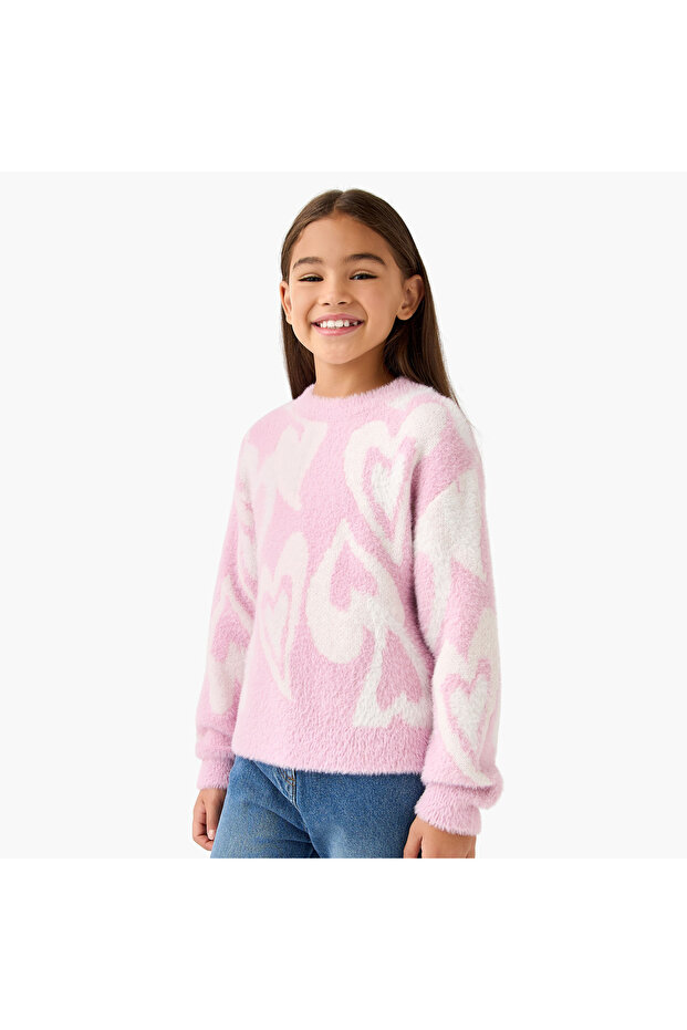 Heart Print Pullover with Long Sleeves