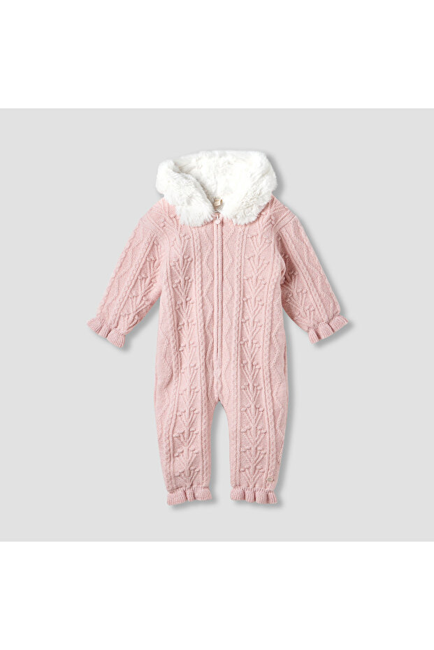 Textured Hooded Romper with Long Sleeves