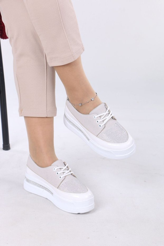 White Stone and Lace-Up Sports Women's Shoes