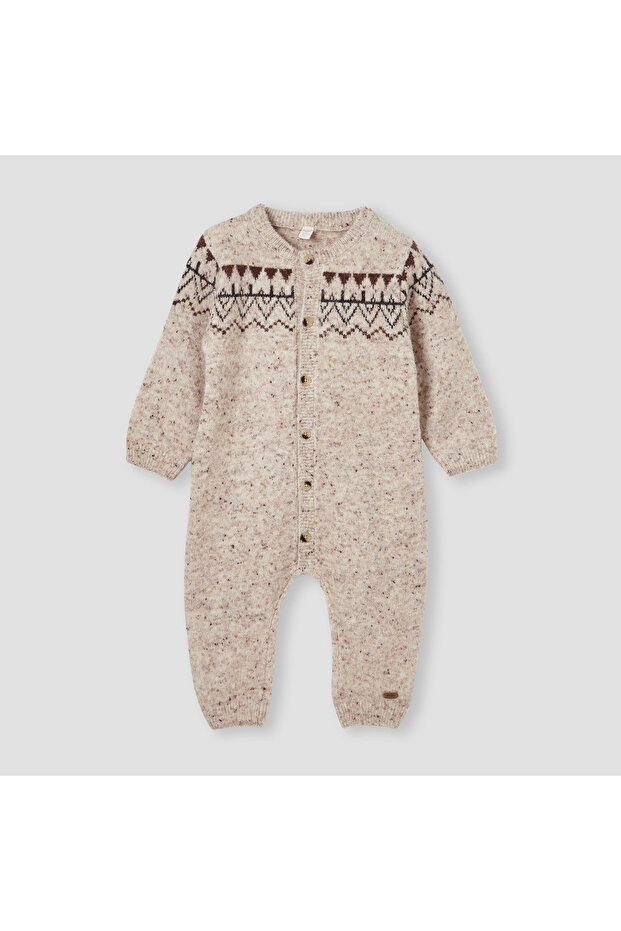 Textured Romper with Long Sleeves and Button Closure