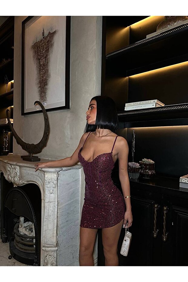 Pullu Payet Kumaş Gloplu Mini Elbise - 3