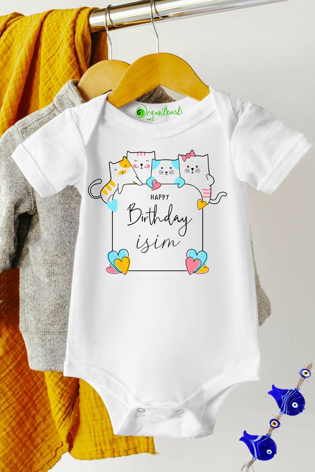 Name Can Be Written Happy Birthday Cat Short Sleeve Snap-On Baby Bodysuit