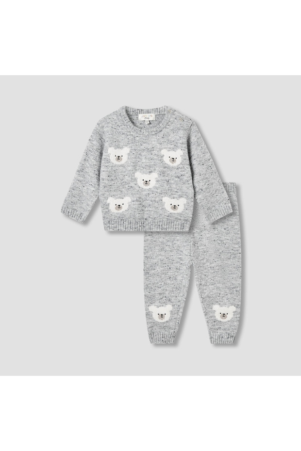 Boys Sweater and Pants Set with Teddy Print - Polyester Blend - Long Sleeves - Round Neck
