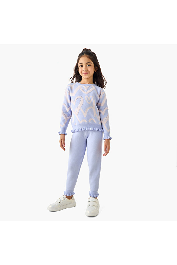 2-Piece Girls Set - Polyester - Round Neck Pullover, Joggers - Heart Print