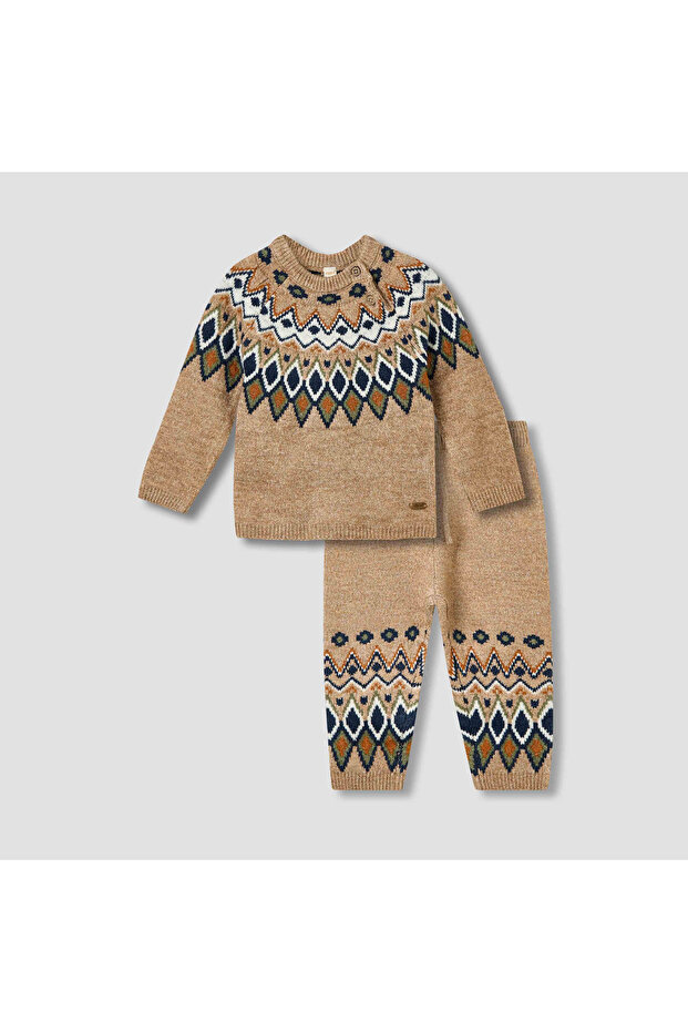 Boys Sweater and Pants Set with Argyle Detail - Polyester Blend - Long Sleeves - Crew Neck