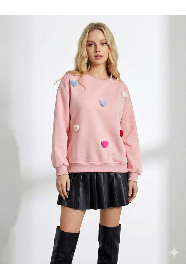Women's crew neck heart detail three-thread sweatshirt Fleece-Lined - soft textured, cotton-lined long sleeve