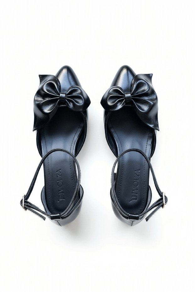 Renta Black Wrinkled Patent Leather Bow (4 cm) Pointed Toe Heeled Shoes
