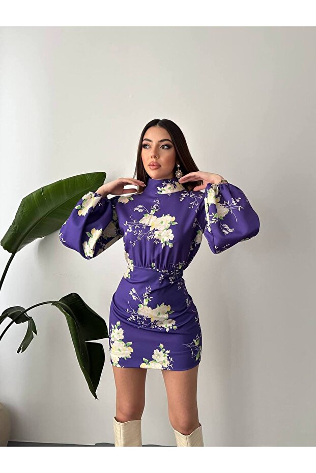 Mini rochie guler ridicat cu model violet - 3