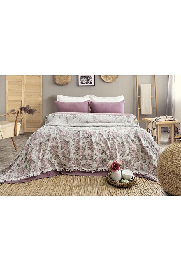4-Layer Muslin 100% Cotton Pink Rose Pattern Battal Bedspread Double-Sided Woven - 1