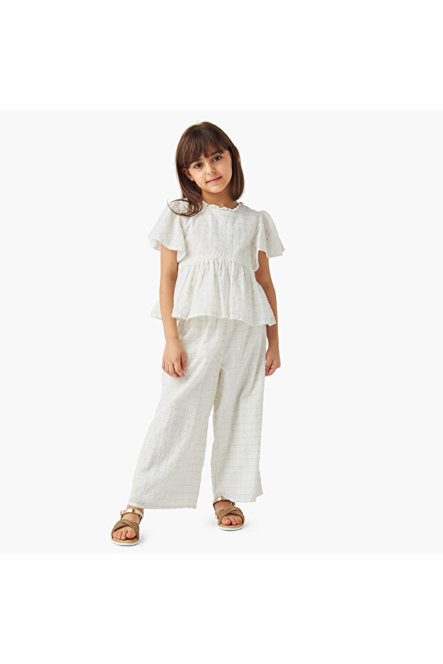 Schiffli Textured Pie-Crust Neck Peplum Top and Pants Set