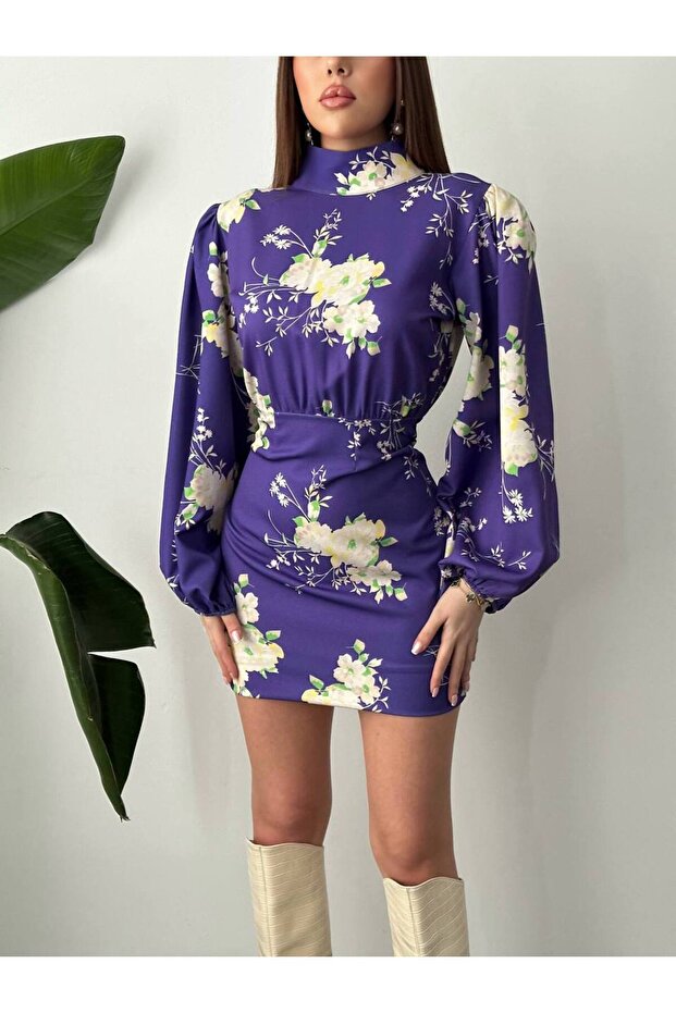 Mini rochie guler ridicat cu model violet - 7