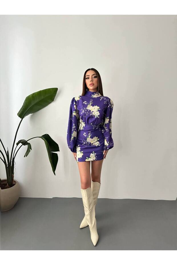 Mini rochie guler ridicat cu model violet - 6