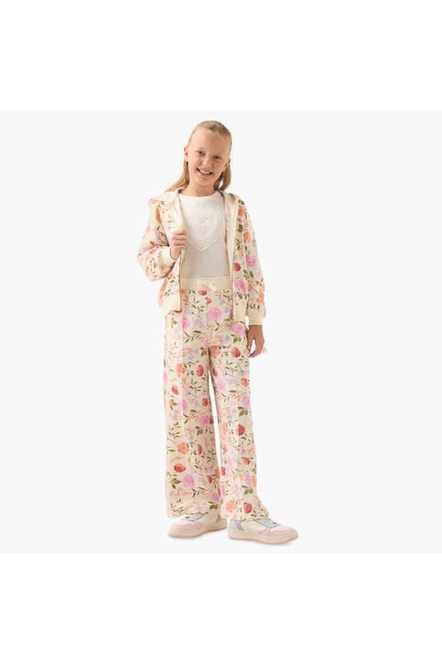 Girls Sweatshirt and Pants Set with Floral Print - Cotton - Long Sleeves - Hood