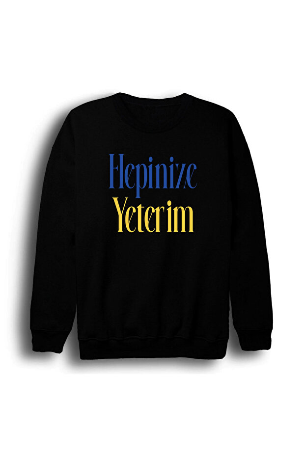 Hepinize Yeterim مطبوع سويت شيرت أسود اللون مصنوع من القطن بنسبة 100% للجنسين