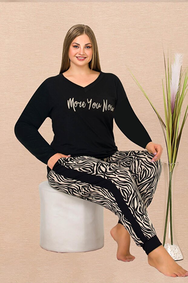 Women's Black Long Sleeve V-Neck Plus Size Pajama Set, Top Text Printed , Bottom Skinny Leg with Pockets and Zeb