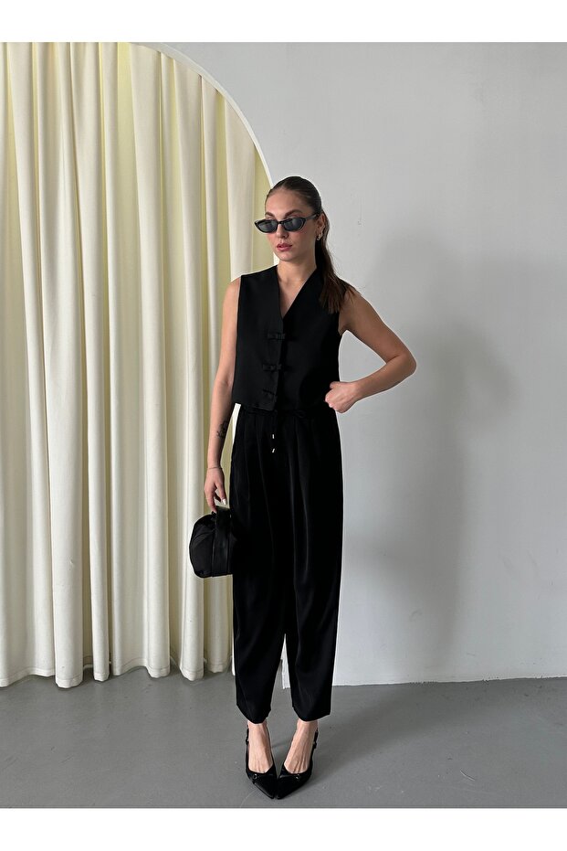 Black Elastic Waist Pleated Trousers - 51111