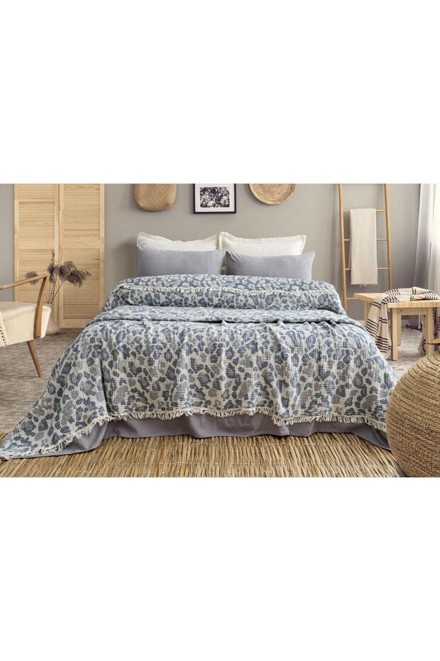 Leopard Pattern Blue 100% Cotton 4-Layer Muslin Bedspread, Sofa Cover - 1