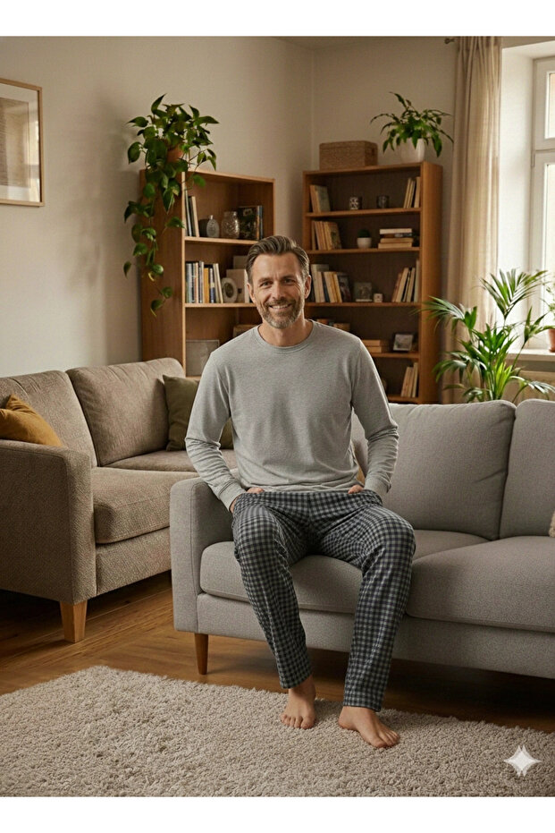 Tek Alt Örme Ekose Ev Pantolonu - 2