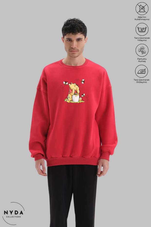 Unisex Long Sleeve Winnie the Pooh Printed Crew Neck Hoodless Fleece-Lined Oversized Sweatshirt