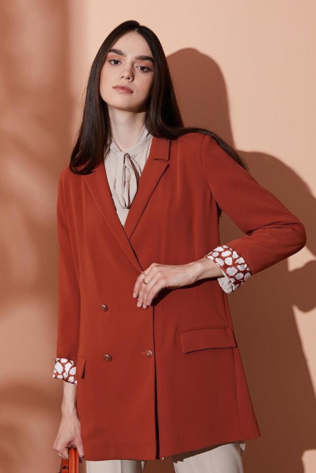 Double Breasted Brick Color Patterned Jacket - 2