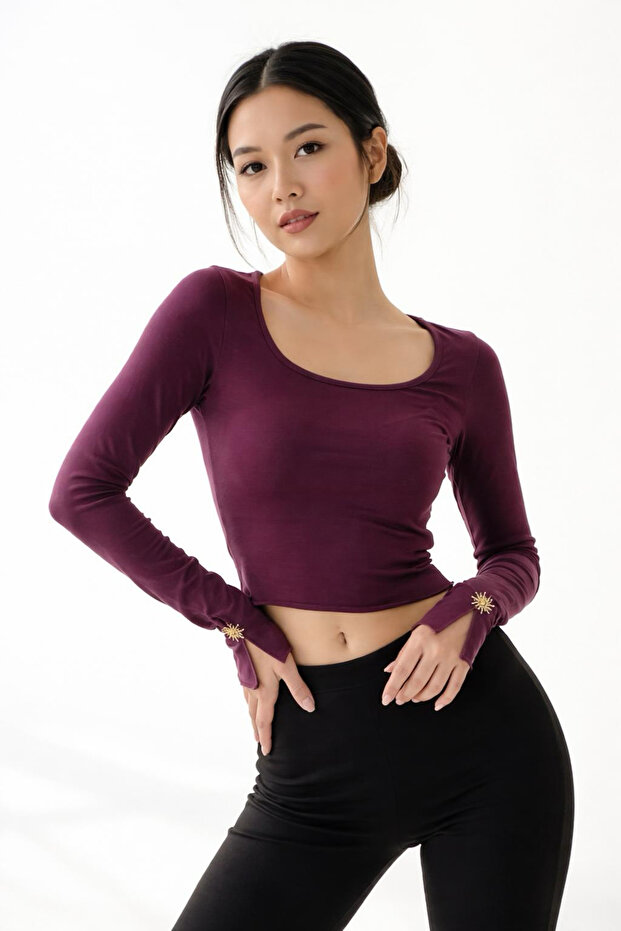 Güneş Metal Buckle Plum Long Sleeve Short Blouse