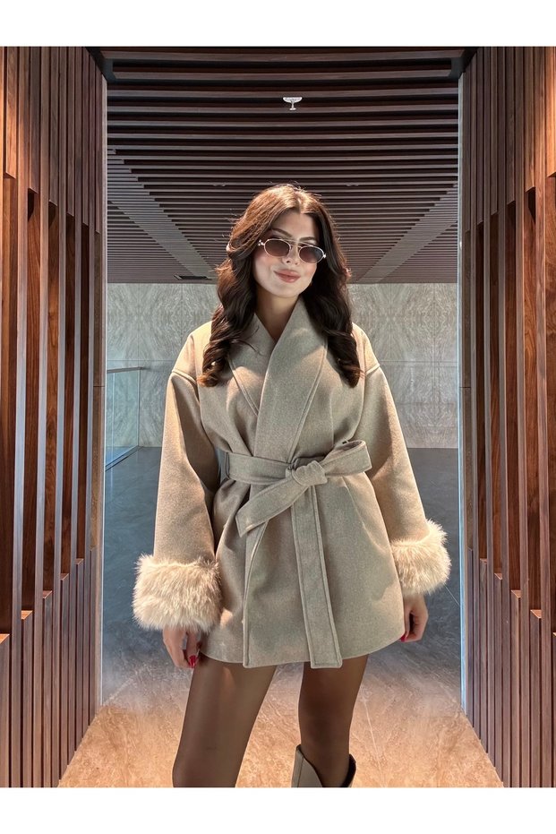 Women's Fur-Trimmed Belted Melton Coat